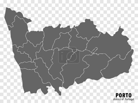 Karte des Distrikts Porto auf transparentem Hintergrund. Karte des Distrikts Porto mit Gemeinden in grau für Ihr Websitedesign, Logo, App, Benutzeroberfläche. Portugal. EPS10.