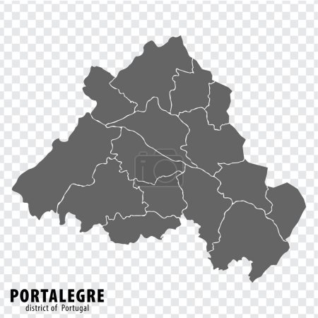 Mapa Distrito de Portalegre sobre fondo transparente. Mapa del distrito de Portalegre con municipios en gris para el diseño de su sitio web, logotipo, aplicación, interfaz de usuario. Portugal. EPS10.