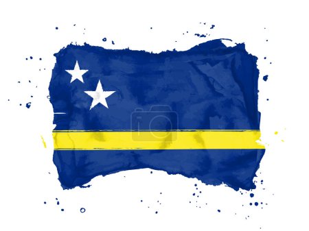 Bandera de Curazao, fondo de pincelada. Bandera Curazao de Antillas Holandesas sobre fondo blanco. Estilo de acuarela para su diseño. EPS10.