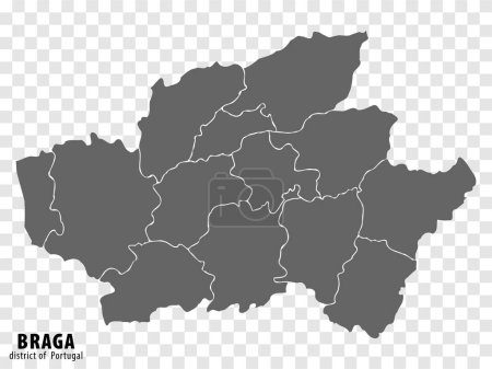 Karte des Bezirks Braga auf transparentem Hintergrund. Porto Braga Karte mit Gemeinden in grau für Ihre Website-Design, Logo, App, Benutzeroberfläche. Portugal. EPS10.