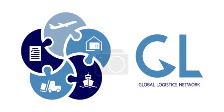 Réseau logistique mondial. Carte du partenariat logistique mondial. Puzzle de cinq éléments et des icônes de la logistique pour votre conception. PSE10.