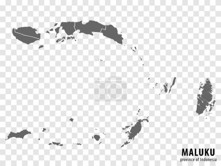 Ilustración de Mapa en blanco Maluku provincia de Indonesia. Mapa de alta calidad Maluku con municipios sobre fondo transparente para su diseño. República de Indonesia. EPS10. - Imagen libre de derechos