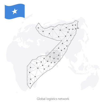 Globales Logistik-Netzwerk-Konzept. Die Karte des Kommunikationsnetzes in Somalia auf dem Hintergrund der Welt. Karte Bundesrepublik Somalia mit Knoten im polygonalen Stil und Flagge. EPS10.