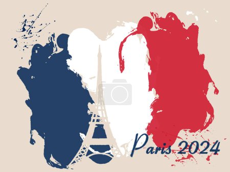 Card Postal of Paris. Flag of France brush strokes. Design Retro Travel. Silhouette tower of Paris is capital of France grunge for your web site design, logo, app, UI. EPS 10
