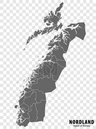 Mapa en blanco Nordland County of Norway. Mapa de alta calidad Nordland County sobre fondo transparente para el diseño de su sitio web, logotipo, aplicación, interfaz de usuario. Noruega. EPS10.