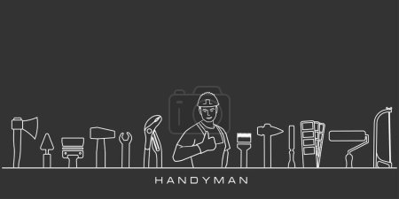 Illustration for Professional handyman services. Vector banner template with worker, tools collection and text space.  Set of repair tools on dark gray background for your web site design, app, UI. EPS10. - Royalty Free Image