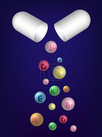 Set von 3D-Icons mit Multi-Vitamin-Komplex. Stilisierte 3D-Vitamin-Icons quellen aus der weißen Kapsel. Multi-Vitamin-Komplex auf dunkelblauem Hintergrund für Ihr Design. EPS10.