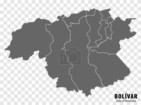 Leere Landkarte Bolivar-Staat Venezuela. Hochwertige Karte Bolivar Staat mit Gemeinden auf transparentem Hintergrund für Ihr Design. Bolivarische Republik Venezuela. EPS10.