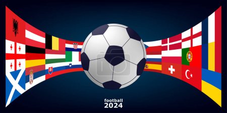 Concept of  football cup 2024. Design of a stylish football championship background. Vector realistic 3d ball and flags of all countries participating in the competition. Design element for cards, invitations, gift cards, flyers, vector. EPS 10