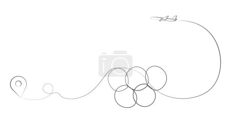 Global logistics network. Airplane route in five intersecting gray circles. Sports travel concept. White background with starting point, sports circles, airplane and line track. EPS10 vector illustration.