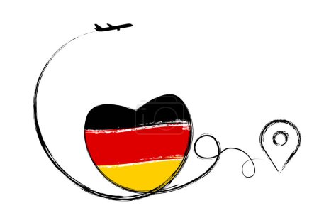 Flag of Germany. Heart, love romantic travel. Symbol of airplane, air plane, aircraft, aeroplane, flying, fly jet airline. Line path. Vector location pointer route. Travel for your web site design, logo, app, UI. EPS10.