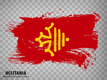Flag of Occitania from brush strokes. Waving flag Region Occitania of France with title on transparent background for your web site design, app, UI. French Republic. Vector EPS10.