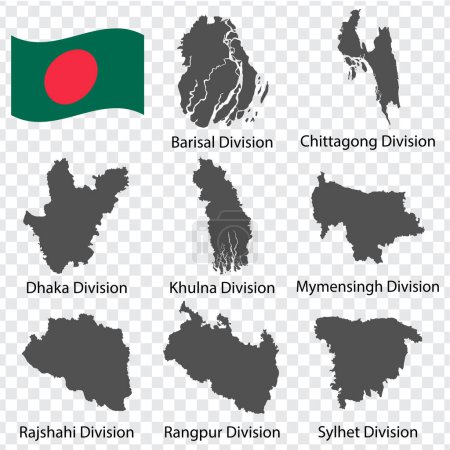 Acht Maps Divisions of Bangladesh - alphabetische Reihenfolge mit Namen. Jede einzelne Divisionskarte ist aufgelistet und mit Formulierungen und Titeln versehen. Bangladesch. EPS10. 