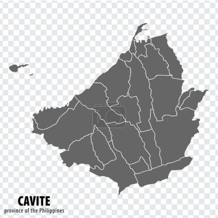 Leere Landkarte Cavite of Philippines. Hochwertige Karte Provinz Cavite mit Bezirken auf transparentem Hintergrund für Ihr Websitedesign, Logo, App, UI. Republik der Philippinen. EPS10.