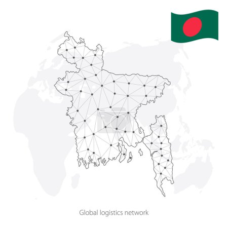 Concept de réseau logistique mondial. Carte du réseau de communication du Bangladesh sur le fond mondial. Carte du Bangladesh avec des n?uds dans le style polygonal et drapeau. Illustration vectorielle EPS10. 