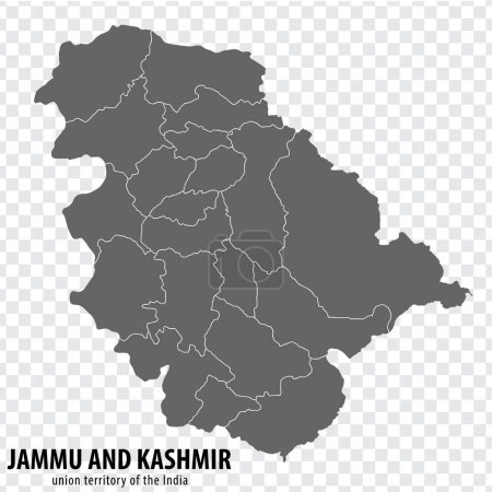 Mapa en blanco Jammu y Cachemira de la India. Mapa de alta calidad de Jammu y Cachemira con districtson fondo transparente para el diseño de su sitio web, logotipo, aplicación, interfaz de usuario. Union Territory of Jammu and Kashmir in India. EPS10.