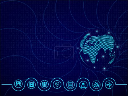 Réseau logistique mondial en bleu. Carte du partenariat logistique mondial. Globe avec des icônes de la logistique dans le style néon et l'espace texte. Fond de code binaire. PSE10.