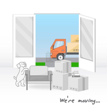 Transportation and home removal. We're moving. The truck with boxes is visible through the open doors of the house. Pet dog and Boxes, armchair, books in anticipation of moving. Gray and colorfully contract. Vector EPS10.