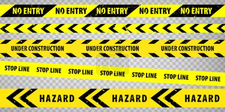 Black and yellow police stripe border, construction, danger, warning, no entry, caution tapes set. Set of danger caution grunge tapes.  Warning signs for your  design on transparent background. EPS10
