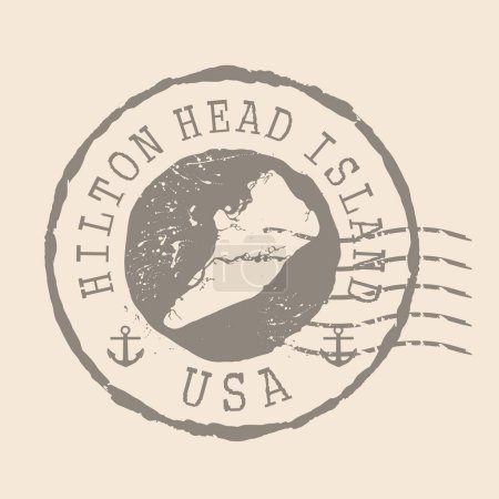 Ilustración de Sello Postal de Hilton Head Island. Mapa Sello de goma de silueta. Diseño Retro Travel. Mapa del sello de Hilton Head Island grunge para su diseño. Estados Unidos. EPS10 - Imagen libre de derechos