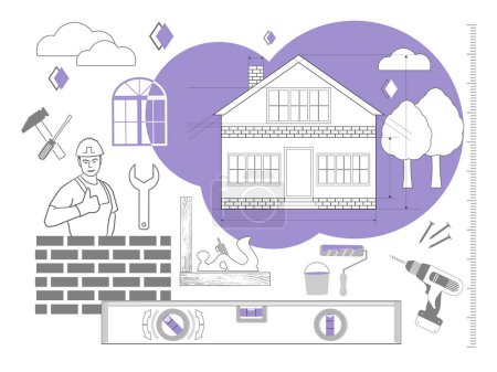 Illustration for Handyman occupation with construction, repair and maintenance outline concept. Concept of Home repair with handyman and tools in gray and violet. EPS10. - Royalty Free Image