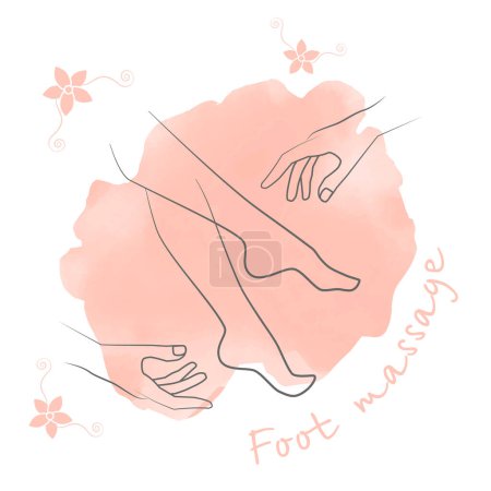 Illustration for Foot massage concept.  Inspection, prevention reflexes and therapy.  The hands of a massage therapist massaged feet.  Foot massage on peach fuzz watercolor background for your web site design, app, UI. EPS 10 - Royalty Free Image