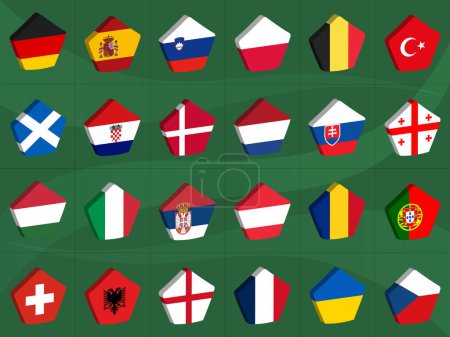 Set of flags of European football tournament participants. Collection of European  flags in the form of three-dimensional pentagonal prisms on green background. 3d icons for your web site design, logo, app, UI. EPS10.