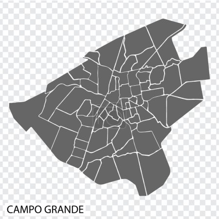 High Quality map of Campo Grande is a city of Brazil, with borders of the districts. Map of Campo Grande city for your web site design, app, UI. EPS10. 