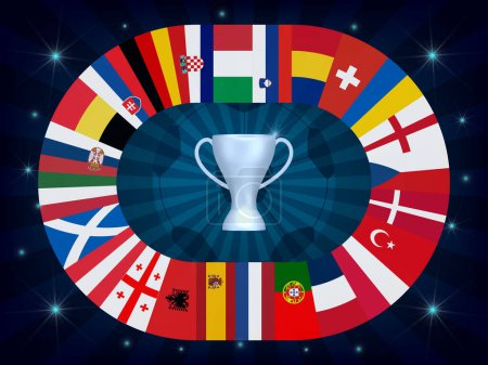Concept of  football cup 2024. Design of a stylish football championship background. Vector realistic 3d trophy  and flags of all countries participating in the competition. Design element for cards, invitations, gift cards, flyers, vector. EPS 10