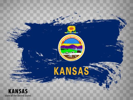 Bandera de Kansas State por pinceladas. Estados Unidos de América. Waving Flag State of Kansas con título sobre fondo transparente para el diseño de su sitio web, aplicación, interfaz de usuario. Estados Unidos. Ilustración vectorial. EPS10.