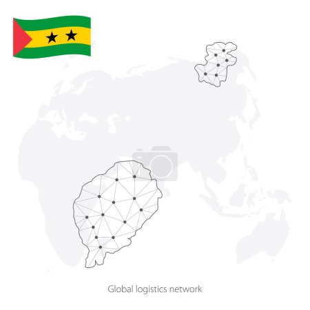Concepto de red logística global. Mapa de la red de comunicaciones Santo Tomé y Príncipe en el fondo mundial. Mapa Santo Tomé y Príncipe con nodos en estilo poligonal y bandera. EPS10.