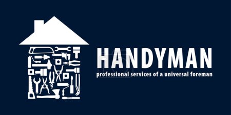 Handyman concept in blue. Professional services of a universal foreman. Home in the form  tools for repair  as a symbol of remodeling. Vector EPS10.