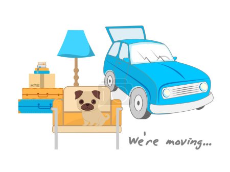Concept de transport et de déménagement. Voiture bleue avec boîtes, valises, animal de compagnie sur fauteuil pour se déplacer. On bouge. Vecteur pour votre design. SPE 10.