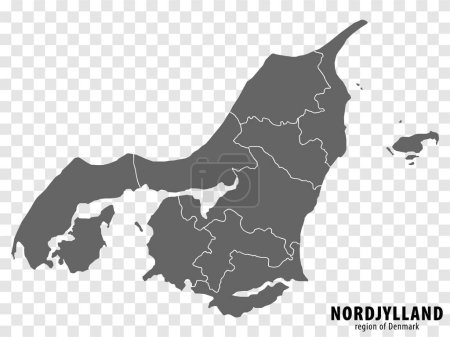 Leere Landkarte Nordjütland von Dänemark. Hochwertige Karte Region Nordjütland mit Bezirken auf transparentem Hintergrund für Ihr Webseiten-Design, Logo, App, Benutzeroberfläche. Königreich Dänemark. EPS10.