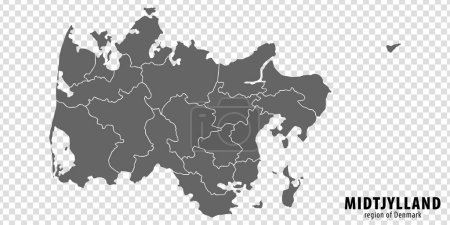 Leere Landkarte Region Mitteldänemark. Hochwertige Karte Region Mitteldänemark mit Bezirken auf transparentem Hintergrund für Ihr Webseiten-Design, Logo, App, Benutzeroberfläche. Königreich Dänemark. EPS10.