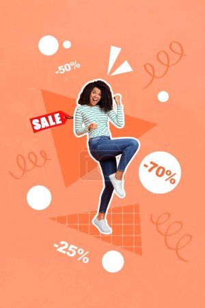 Creative abstract template graphics image of lucky funny lady rising fists celebrating shopping sale isolated drawing background.