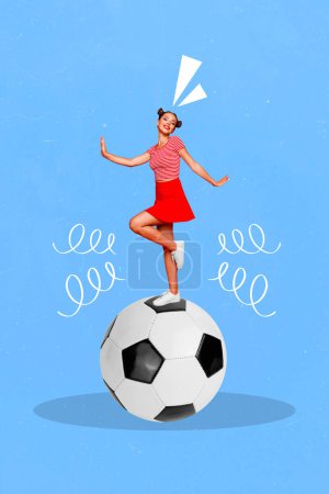 Vertical collage portrait of excited positive girl stand big football dancing isolated on painted background.