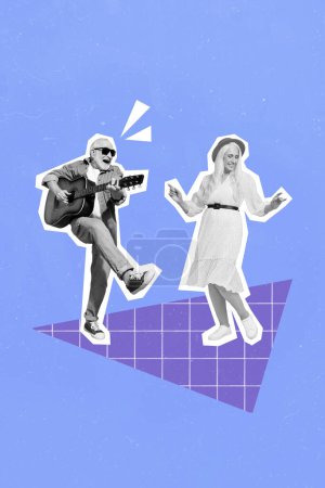 Vertical creative photo collage illustration of funny elderly people man woman dancing playing guitar isolated on blue color background.