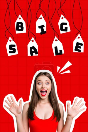 Vertikale Collage Bild von erstaunt aufgeregten Mädchen heben geöffnete Arme großen Verkauf begrenzte Zeit nur Vorschlag isoliert auf rotem Hintergrund.