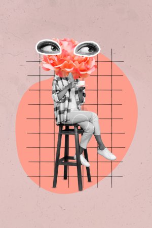 Vertikal kreative Foto-Illustration Collage von schönen kopflosen Mädchen Blume statt Kopf Hold Cup isoliert auf rosa Hintergrund.