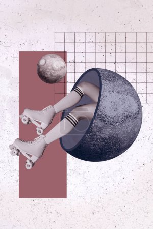 Creativa foto 3d collage ilustraciones cartel postal de las piernas de la muchacha usan patines dentro de planeta luna aislado sobre fondo de la pintura.