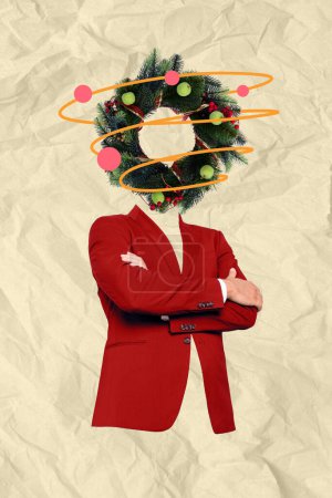 Collage image 3d de pinup pop rétro croquis de bras de gars drôles croisé couronne de Noël au lieu de la tête isolée fond de peinture.