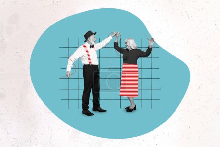 Composite Collage Bild von zwei betagten Menschen halten Hände tanzen isoliert auf gemalten kreativen Hintergrund.