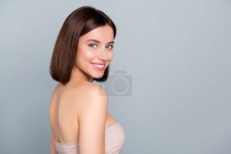Profile side photo of joyful smiling lady wait ideal perfect spa salon treatment isolated over grey color background.
