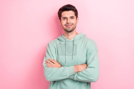 Photo of young successful rich attractive man student business owner company folded arms confident good mood isolated on pink color background.