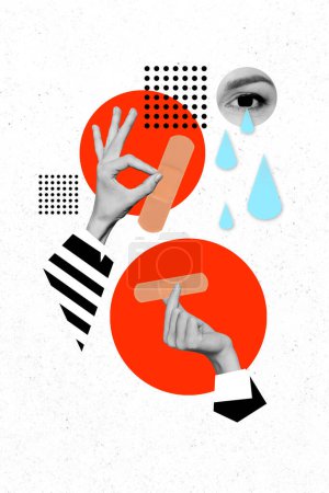 Vertical collage picture of human body parts two arms black white effect hold medical patch eye crying isolated on painted background.