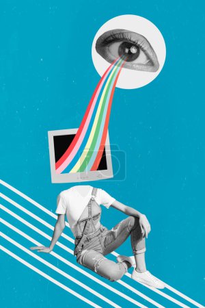 3d retro abstract creative artwork template collage of young woman screen tv computer instead head glass watching rainbow entertainment.