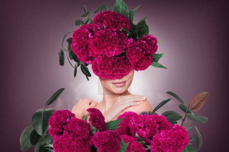 Poster creative collage of weird lady with pink flowers beauty cosmetics product concept.