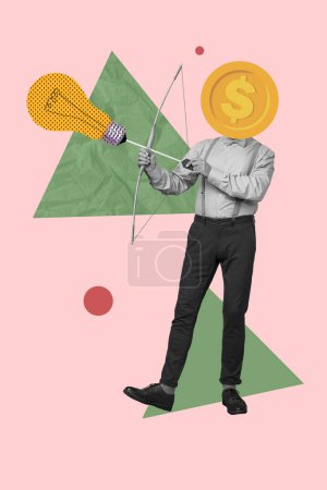 Kreative abstrakte Vorlage Collage aus Geschäftsmann Goldmünze statt Kopf halten Bogen elektrische Glühbirne Pfeil profitable Start-up-Idee.