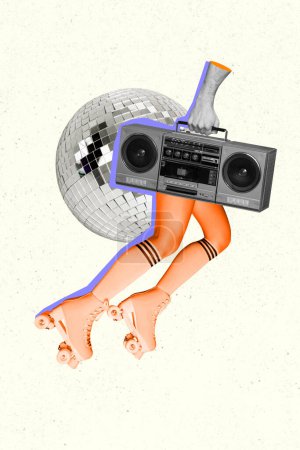 vertical collage imagen de chica piernas paseo vintage rollerblades mano hold boombox enorme disco bola aislado en creativo fondo.